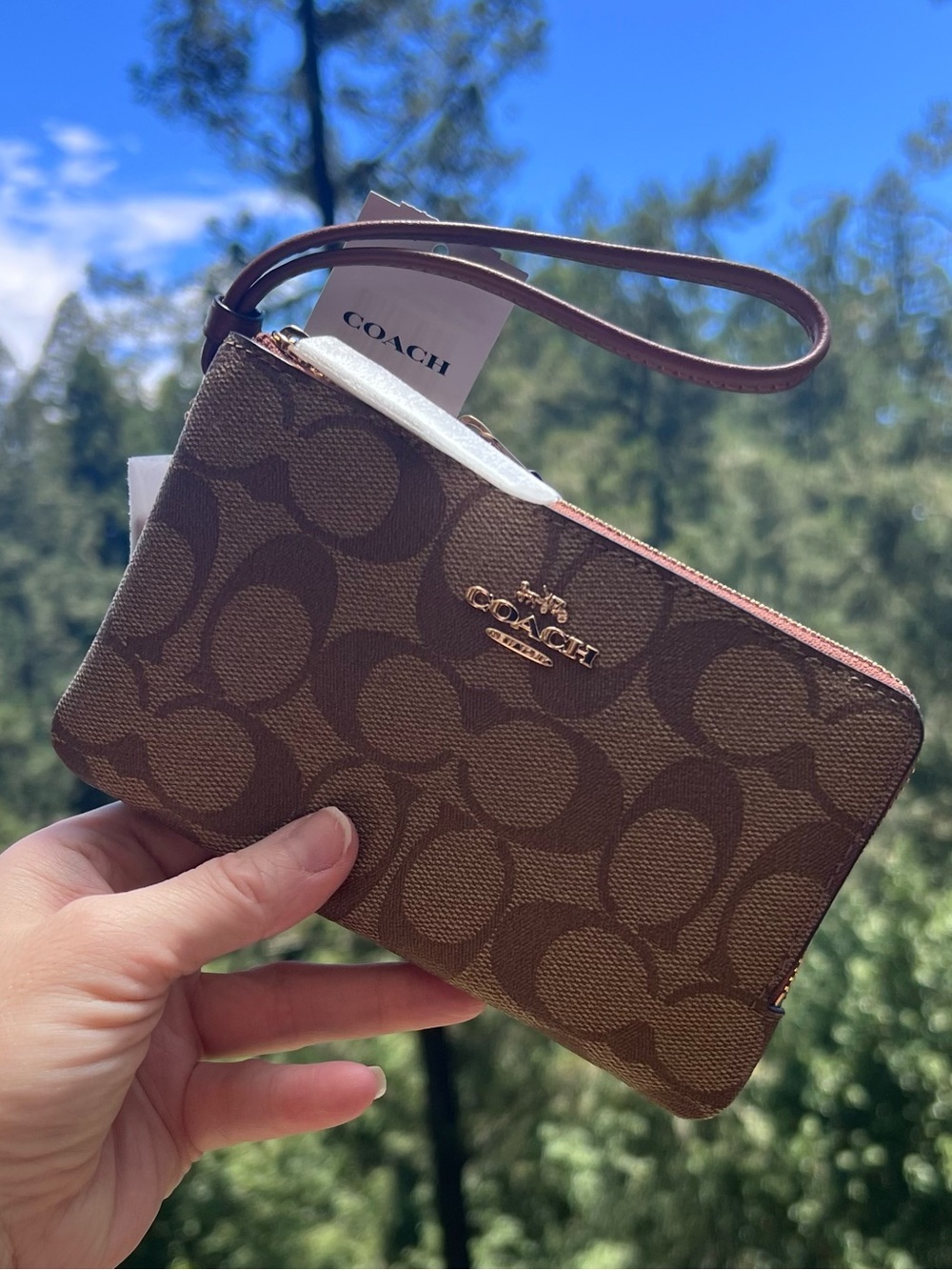 COACH Small Double Zip Corner Wallet Wristlet in Khaki/Redwood NWT